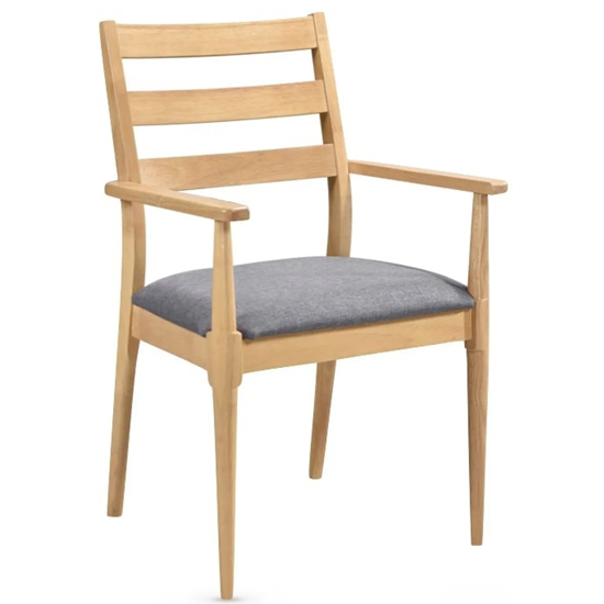 Orillia Carver Wooden Dining Chair In Oak With Grey Fabric Seat