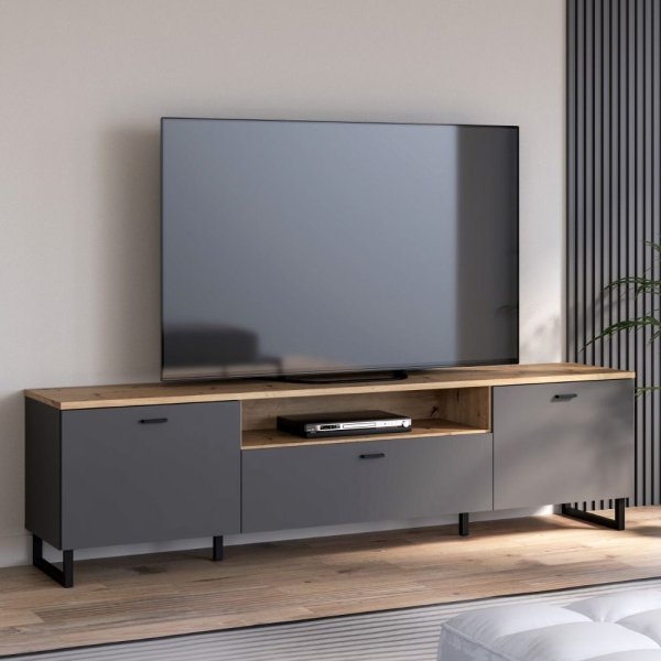 Kanata Wooden TV Stand With 3 Doors In Grey And Oak