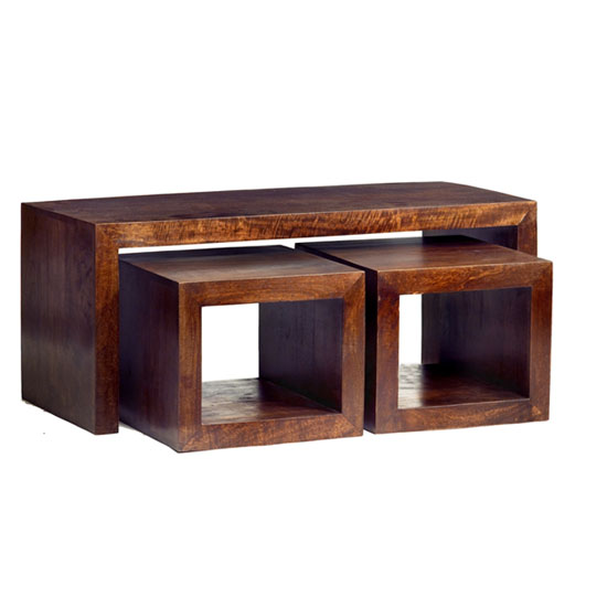 Mango Wood John Long Coffee Table with 2 cube Stools