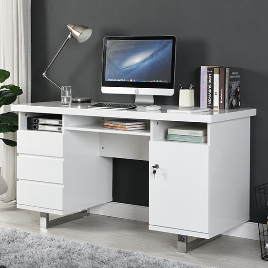 Sydney High Gloss Computer Desk In White With 3 Drawers