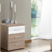 Gastineau 3 Drawer Bedside Cabinet In Oak And White Alpine Gloss