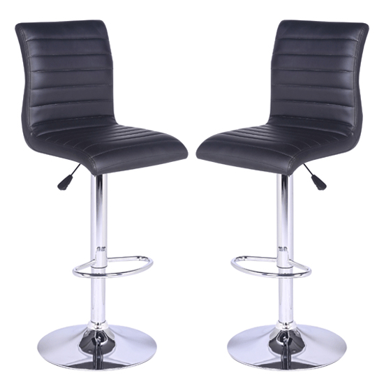 Ripple Black Faux Leather Bar Stools With Chrome Base In Pair