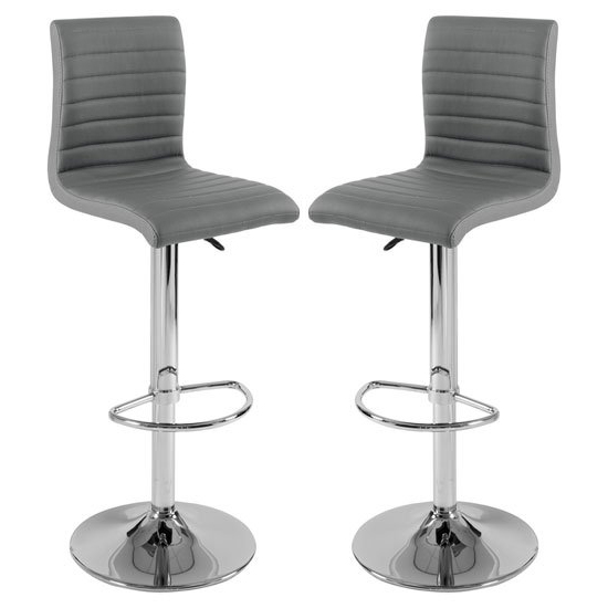 Ripple Grey Faux Leather Bar Stools With Chrome Base In Pair