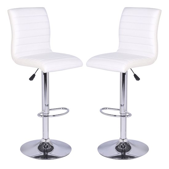 Ripple White Faux Leather Bar Stools With Chrome Base In Pair