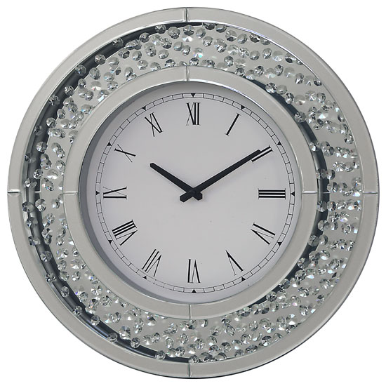 Rosalie Wall Clock Round In Mirrored Glass With Crystals Border