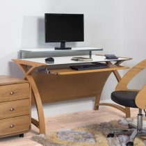 Cohen Curve Computer Desk Large In White Glass Top And Oak