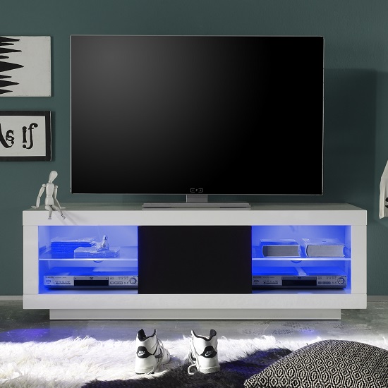 Wales LCD TV Stand In White Gloss Front And Black Trim With LEDs