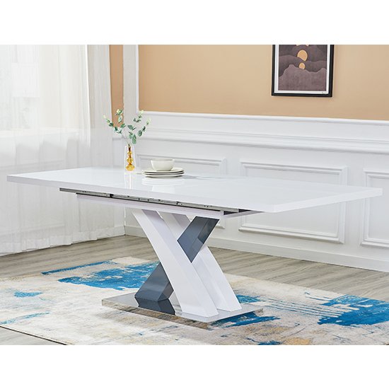 Axara Large Extending Gloss Dining Table In White And Grey