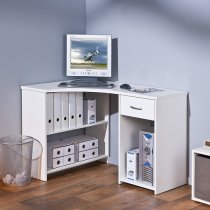 Halifax Corner Computer Desk In White With Drawer And Shelves