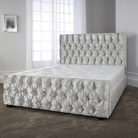 Caroline Ultra Modern Bed In Glitz Ice With Dark Wooden Legs