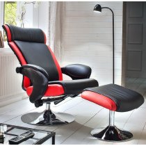 Liam Reclining Chair In Black And Red Faux Leather With Stool