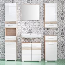 Seon Floor Bathroom Storage Cabinet In Gloss White Light Oak