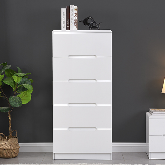 Manhattan Tall High Gloss Chest Of 5 Drawers In White