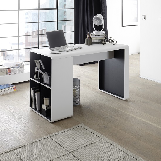 Houston Computer Desk In White And Anthracite With Shelving