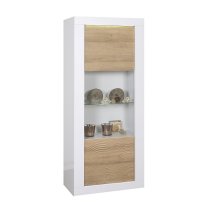 Metz Glass Display Cabinet In White Gloss And Oak With LED