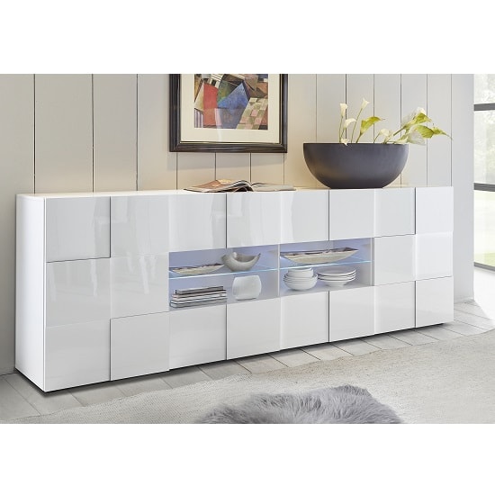 Aleta Modern Sideboard Large In White High Gloss With LED