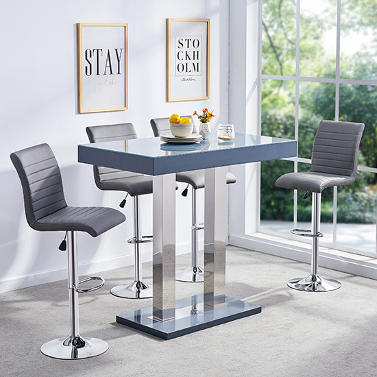 Caprice Grey High Gloss Bar Table With 4 Ripple Grey Stools