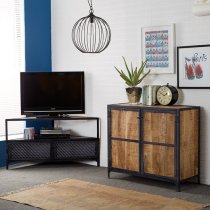 Romarin Corner TV Stand In Reclaimed Wood And Metal Frame