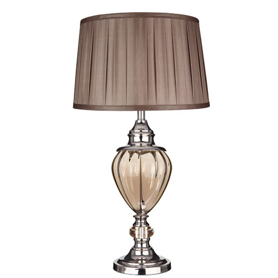 Chrome Table Lamp With Amber Glass And Brown Pleated Tapered Sha