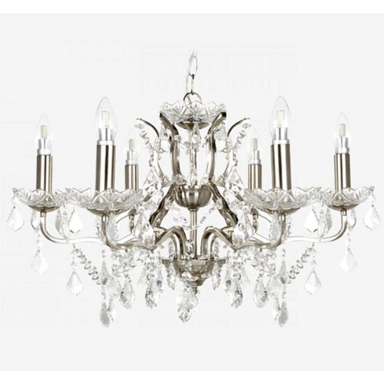 Satin Silver Six Light Chandelier In Clear Crystal Drops