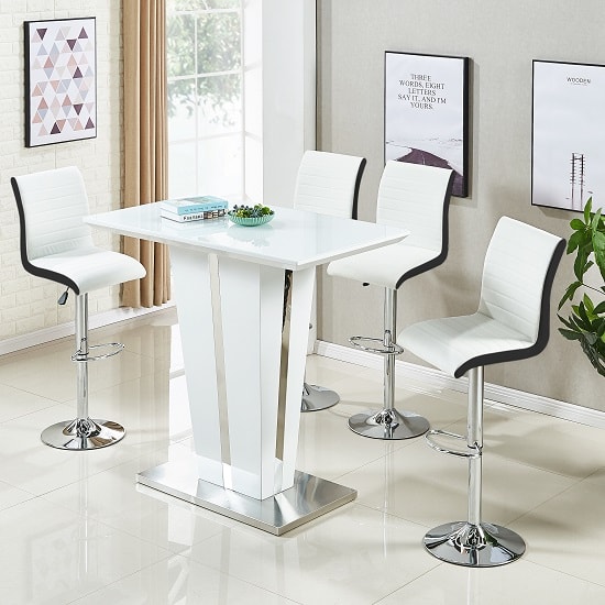 Memphis Glass White Gloss Bar Table 4 Ritz White Black Stools