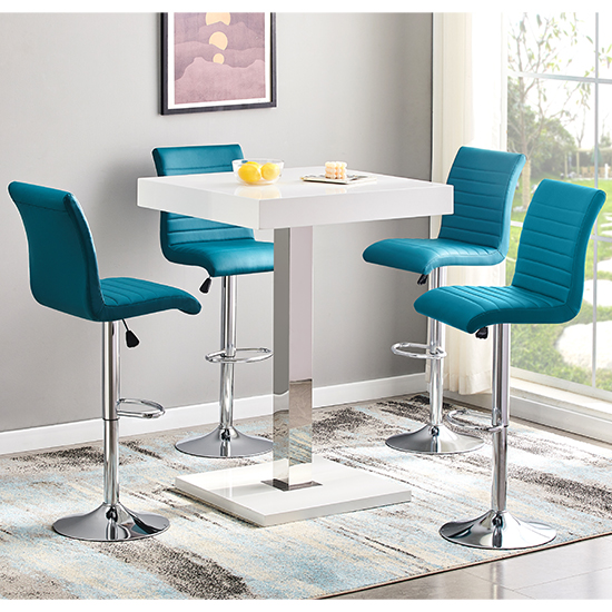 Topaz White High Gloss Bar Table With 4 Ripple Teal Stools