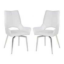 Scissett Swivel White Faux Leather Dining Chairs In Pair