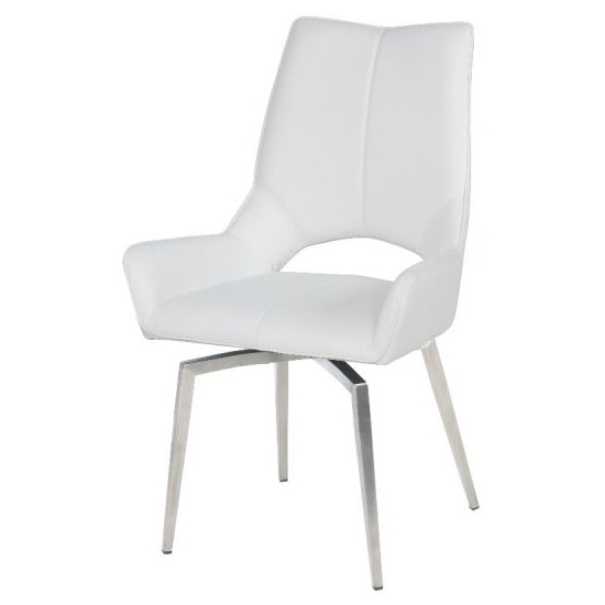 Scissett Swivel White Faux Leather Dining Chairs In Pair