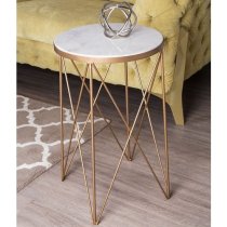 Shalom Round White Marble Top Side Table With Gold Cross Legs