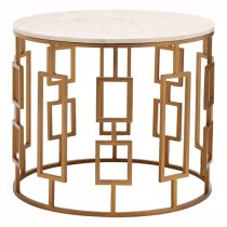 Shalom Round White Marble Top Side Table With Gold Frame