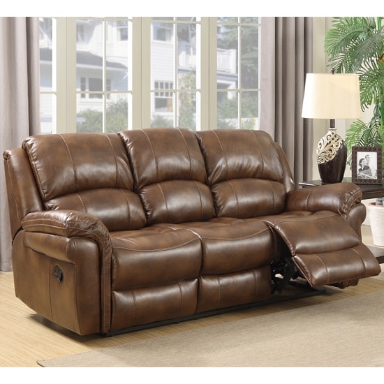 Claton Recliner 3 Seater Sofa In Tan Faux Leather