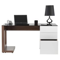 Sorbose Black Glass Top Laptop Desk In Walnut And White