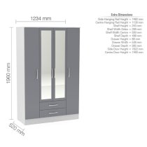 Lynn Mirrored Wardrobe With 4 Door In Grey And White High Gloss