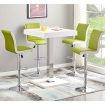 Topaz White High Gloss Bar Table With 4 Ritz Green White Stools