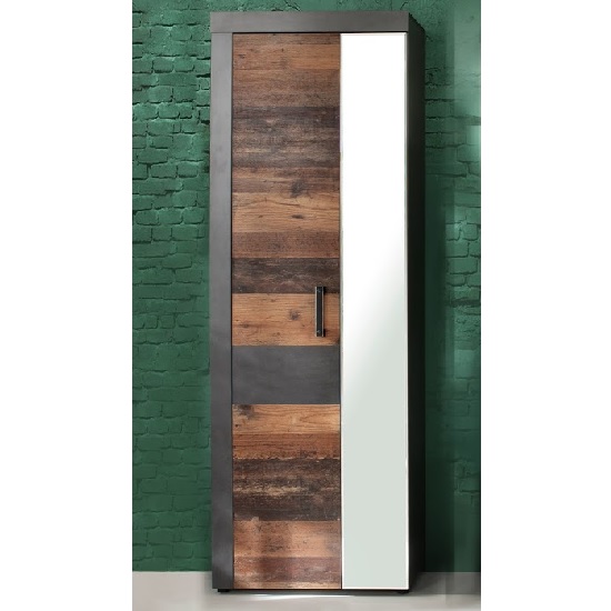 Saige Hallway Mirrored Wardrobe In Old Wood And Graphite Grey