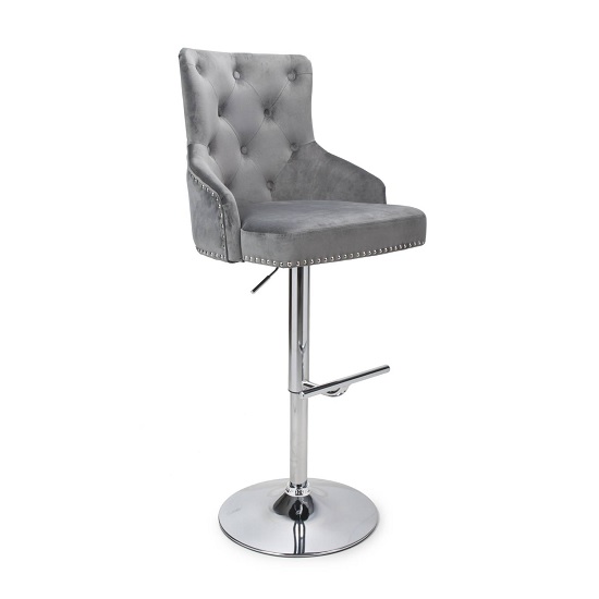 Rivne Bar Stool In Grey Brushed Velvet And Polished Chrome Base