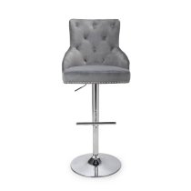 Rivne Bar Stool In Grey Brushed Velvet And Polished Chrome Base