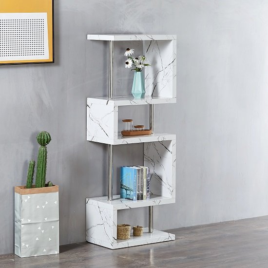 Miami High Gloss White Shelving Unit In Vida Marble Effect