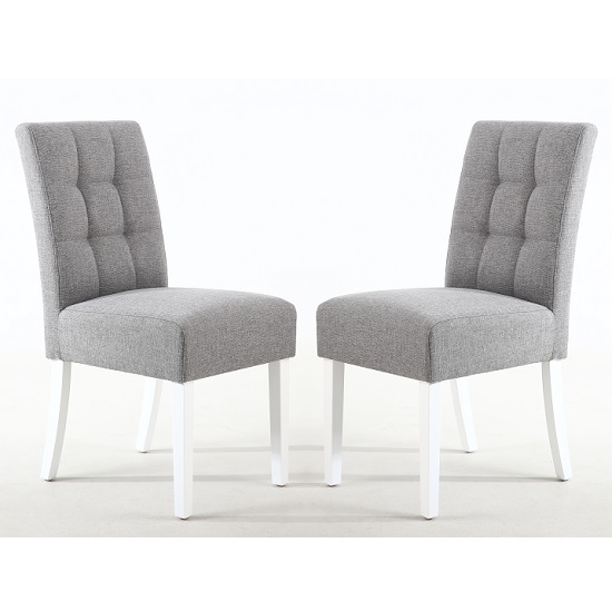 Mendoza Silver Grey Fabric Dining Chairs With White Legs In Pair