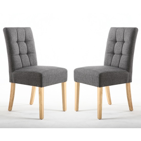 Mendoza Steel Grey Fabric Dining Chairs With Oak Legs In Pair