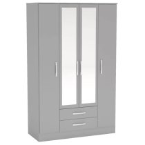 Lynn Mirrored Wardrobe With 4 Door In Grey High Gloss