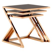 Orion Black Glass Top Nest Of 3 Tables With Rose Gold Frame