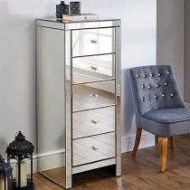 Saville Mirrored Chest Of 5 Drawers Narrow In Silver