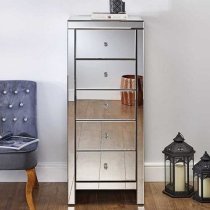 Saville Mirrored Chest Of 5 Drawers Narrow In Silver