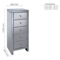 Saville Mirrored Chest Of 5 Drawers Narrow In Silver