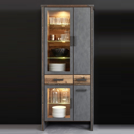 Merano Wooden Display Cabinet In Old Wood With LED Lighting