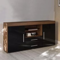 Edged Wooden TV Sideboard In Walnut And Black High Gloss