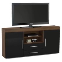 Edged Wooden TV Sideboard In Walnut And Black High Gloss