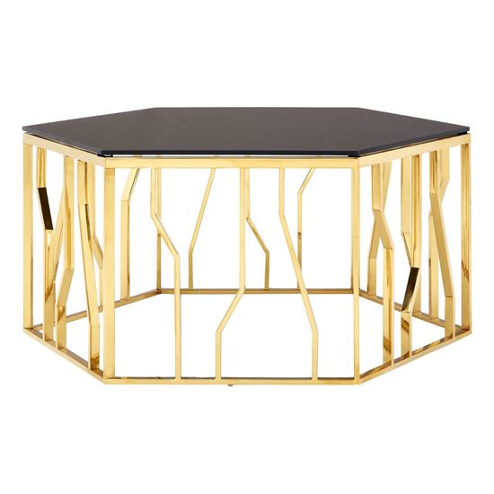 Alvara Hexagonal Black Glass Top Coffee Table With Gold Frame