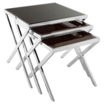 Orion Black Glass Top Nest Of 3 Tables With Cross Chrome Frame